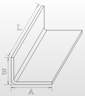 Az alumínium (99,5%) L-profil, a hidegen hengerelt L-profil, a melegen hengerelt L-profil, a horganyzott L-profil, a natúr rozsdamentes L-profil, a szálcsiszolt rozsdamentes L-profil, a tükrös rozsdamentes L-profil és a vörösréz L-profil kialakításához tartozó ábra. L alakú fémlemez ábrázolása az A és B szárat és L hosszt jelző nyilakkal, amely elmagyarázza az ügyfelek számára, hogy a kialakítandó egyedi méretűre alakítható "L" profilhoz megadandó méretek melyik szárra, oldalra vonatkoznak.