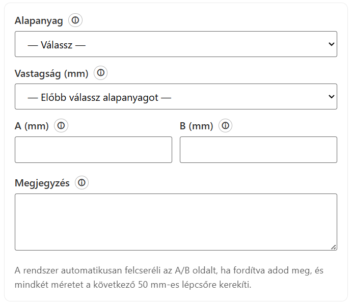 Egyedi lemez méretmegadás konfigurátor alapanyag- és vastagságválasztással
